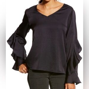 Ariat Hatch Top Blouse Satin Navy Blue Long Ruffle Bell Sleeve Women’s Sz XL